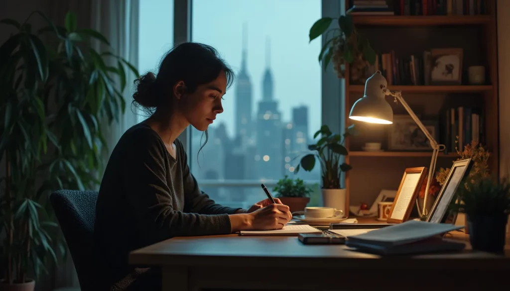 A focused person with dark hair sits at a desk by a window overlooking a city skyline at dusk. They are writing in a notebook under a lit desk lamp, contemplating AI for Business Automation. The room is filled with plants, books, and framed pictures, creating a cozy, studious atmosphere.