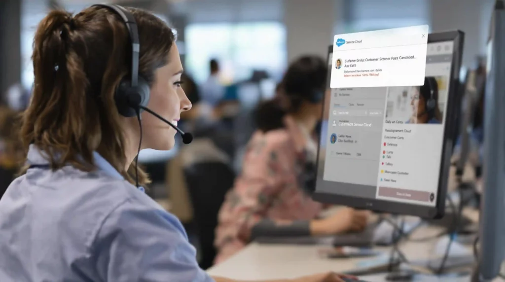 In an office setting, a woman wearing a headset focuses on her computer screen, reviewing a Salesforce CRM notification.