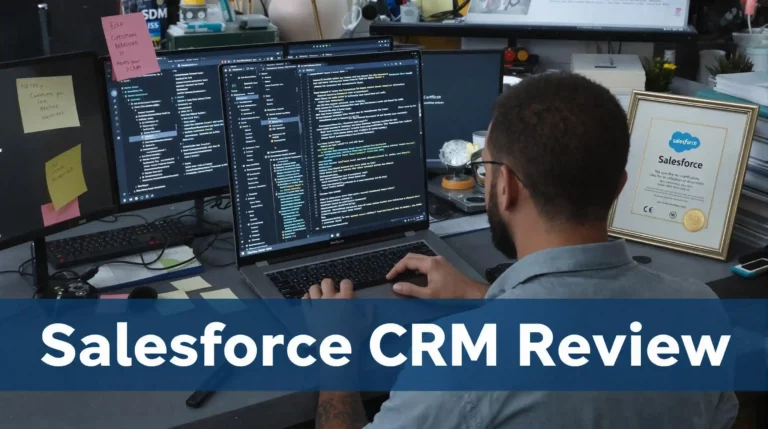 A person works at a desk with multiple monitors displaying code and text, immersed in a detailed Salesforce CRM review.