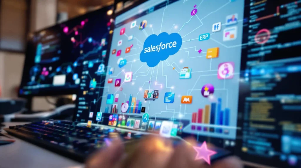 Close-up of a computer screen showing the Salesforce CRM interface with various interconnected apps and graphs, highlighting data integration. Hands are visible on a keyboard in the foreground, demonstrating an in-depth review process.