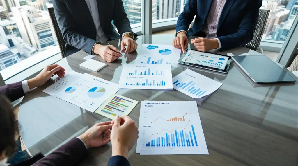 In a modern office setting, five people conduct a Salesforce CRM review, analyzing charts and graphs on paper and tablets during their business meeting.