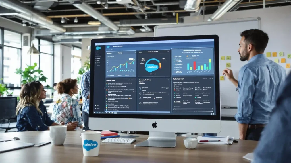 An office scene with a large monitor displaying Salesforce CRM analytics. A person gestures towards a whiteboard, perhaps during a Salesforce CRM review, while several others are seated. The room features exposed ceilings and plants.