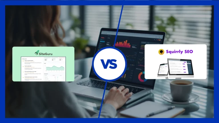 A person uses a laptop with two of the best SEO tools showcased: SiteGuru on the left and Squirrly SEO on the right.