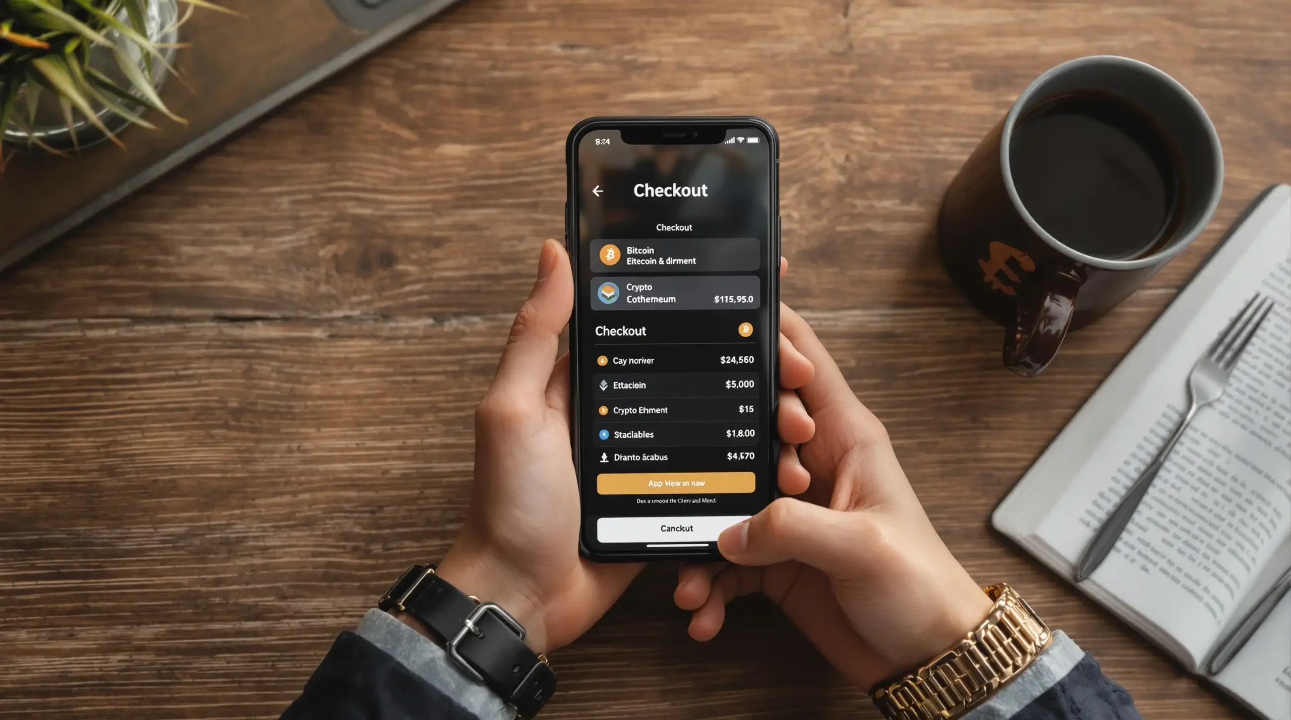 A person holds a smartphone showcasing a cryptocurrency checkout screen with options for Bitcoin and Ethereum, illustrating how to use crypto payment gateways in e-commerce. Nearby, a coffee mug and laptop rest on the wooden table.