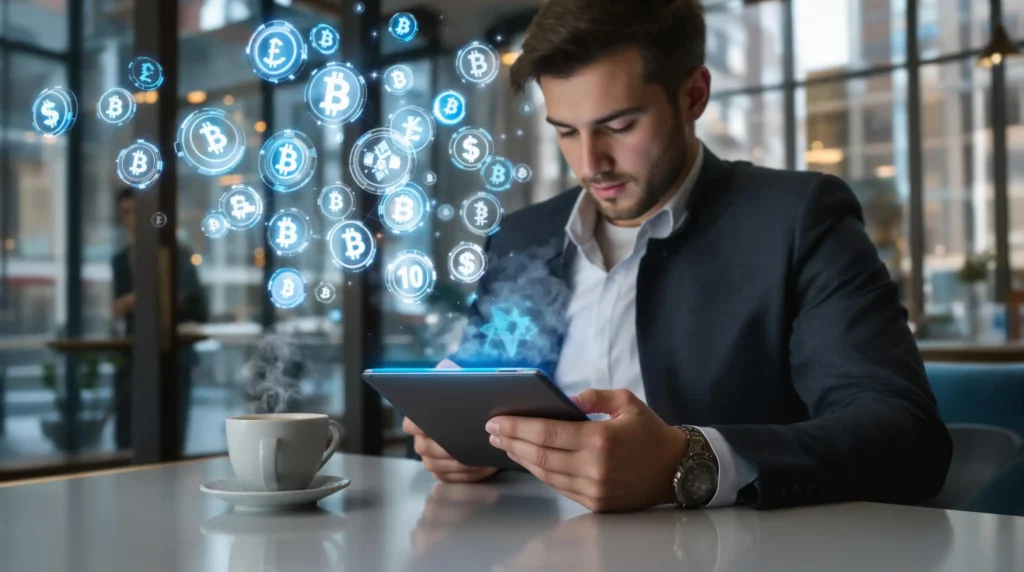 A man in a suit uses a tablet in a cafe, surrounded by digital symbols of various currencies, like Bitcoin and Dollar signs, as he explores how to use crypto payment gateways in e-commerce. A cup of coffee sits on the table, completing his modern workspace.