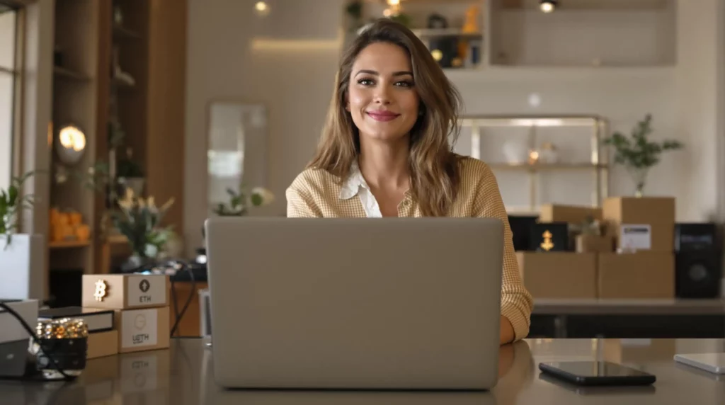 Woman sitting at a table with a laptop, smiling as she researches how to use crypto payment gateways in e-commerce. Office setting with shelves and decor in the background.