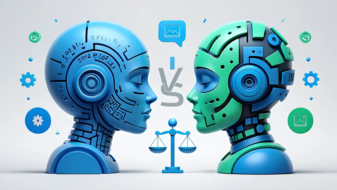 Compare AI Tools: Your Complete Guide to Making the Right Choice in 2025 1 Two stylized robotic heads face each other with a scale and “VS” symbol between them, visually conveying how to compare AI tools or competition between artificial intelligences.