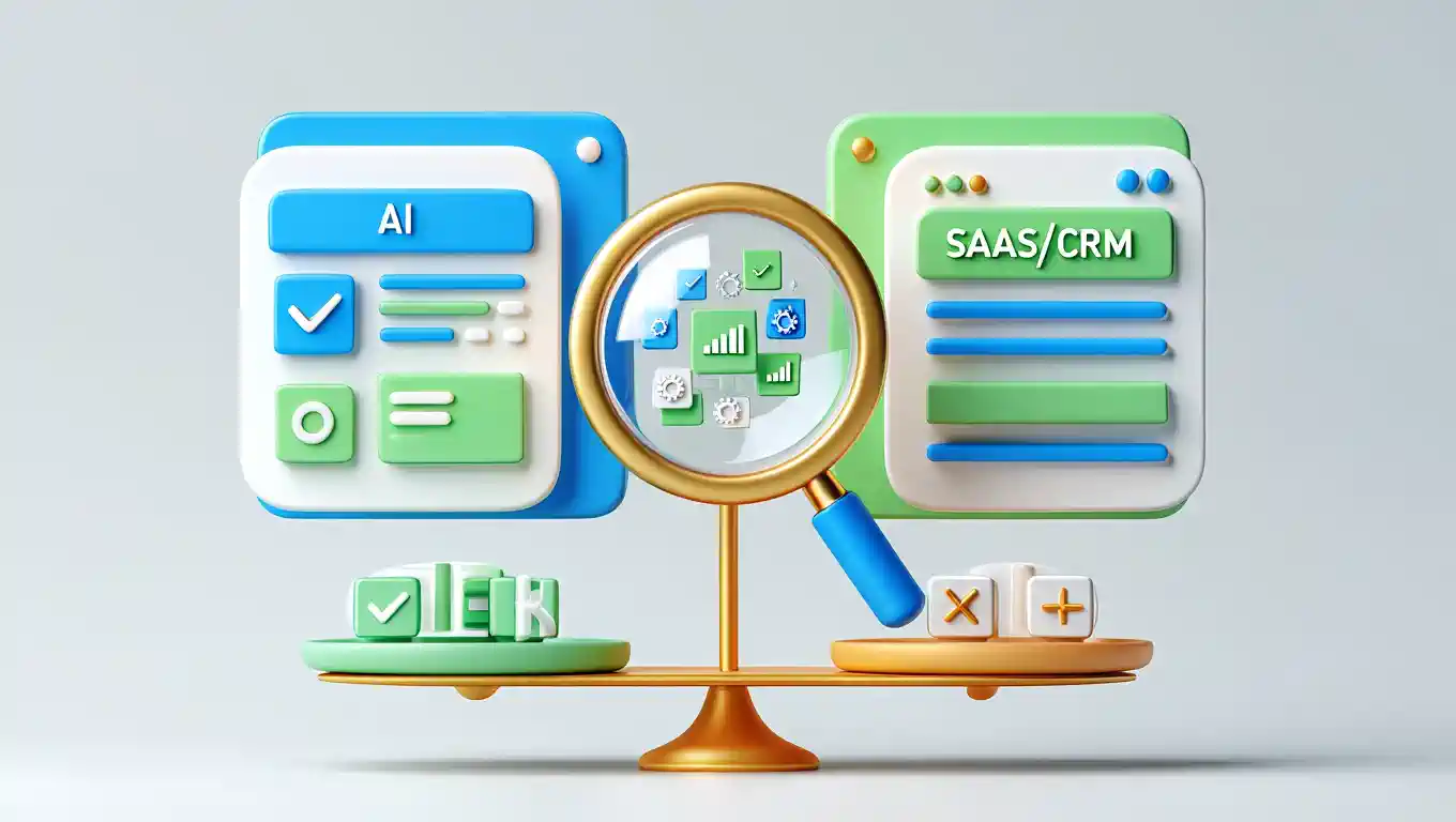 compare tech tools side by side 1 3D illustration of a magnifying glass over graphs between AI and SAAS/CRM icons on a balanced scale, symbolizing data analysis and letting you compare tech tools side by side for effective technology evaluation.